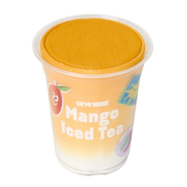 Originelle Socken von EAT MY SOCKS desgin - MANGO ICED TEA  to go Becher mit Sockenfüllung.