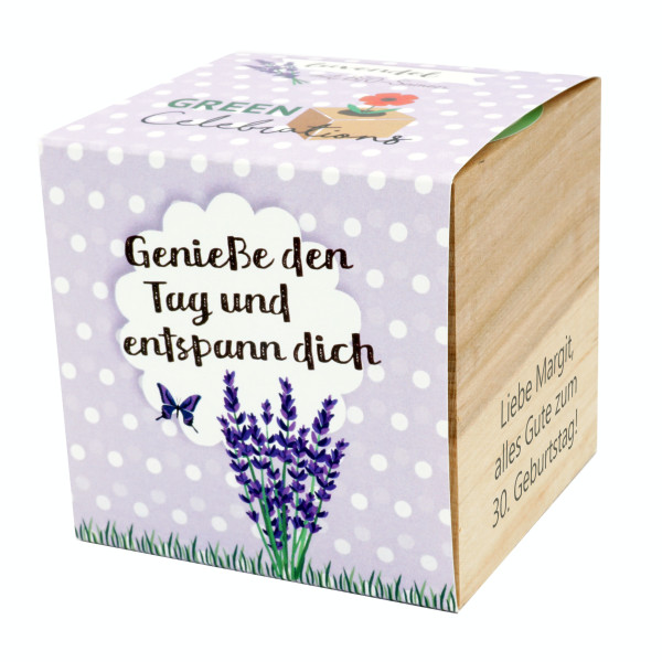 Lavendel im Holzwürfel - Genieße den Tag und entspann dich, personalisiert