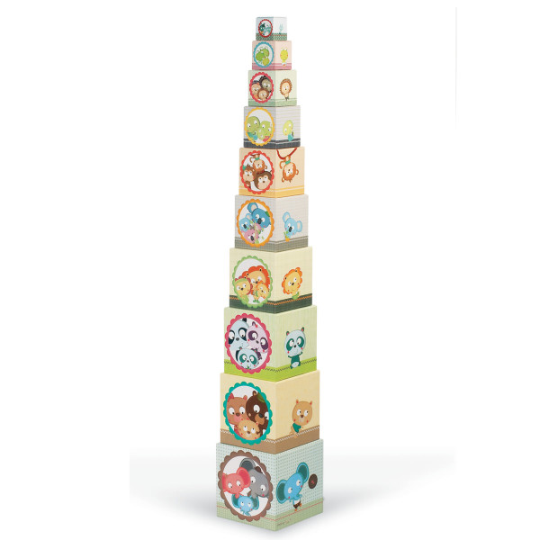 Stapelpyramide mit süßen Tiermotiven und Zahlen