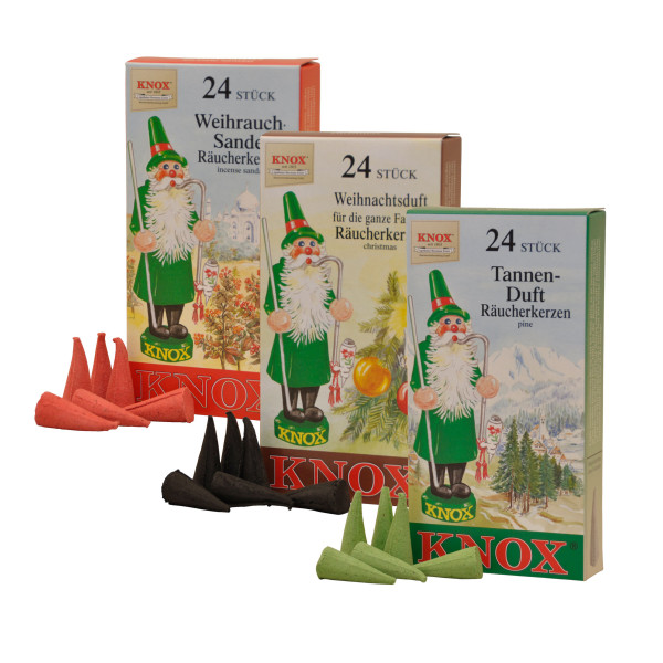 Räucherkerzen von KNOX - Das Original - 3er-Set Weihnachtsdüfte. 3 Päckchen a 24 XMAS Rauchkerzen.