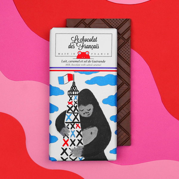 Schokoladentafel 80g von Le chocolat - KING KONG Motiv + Eifelturm Paris - Milchschokolade 41% mit gesalzenen Karamell.