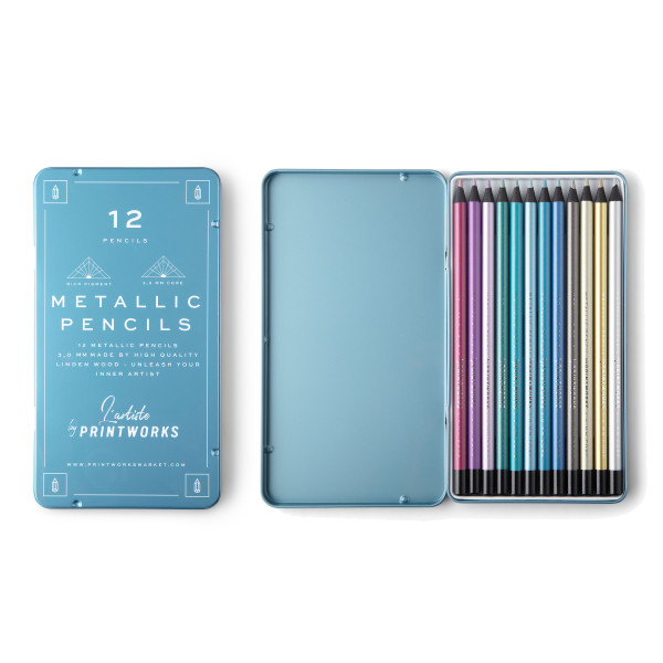 Hochwertige Buntstifte METALLIC von Printworks. Stifte Metallbox a 12 Stifte - metallische Farben. Exklusive Farbstifte Set.