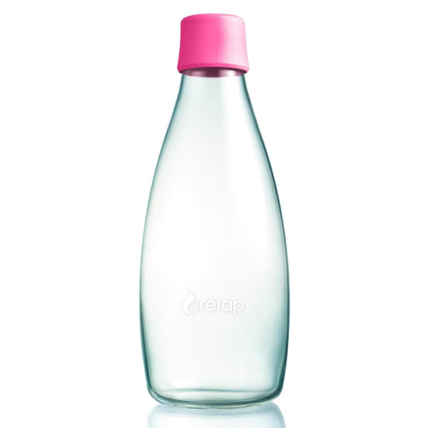 Retap Trinkflasche 0,8l aus Borosilikatglas mit pinkem Deckel.