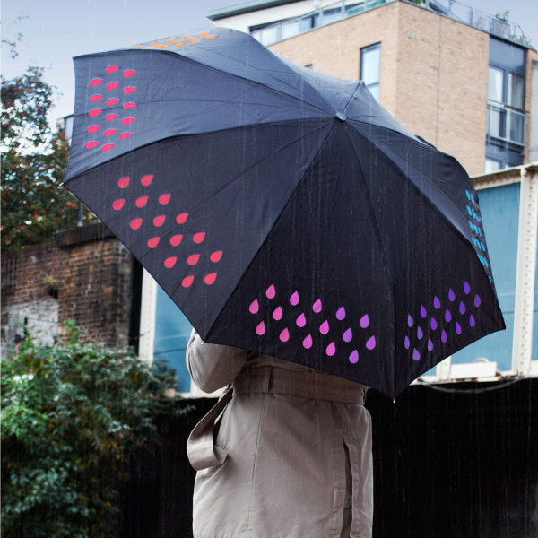Regenschirm mit farbwechsel Print - weiße und bunte Regentropfen - Taschenschirm Colour Changing. Bunter Regenschirm SUCK UK Design.