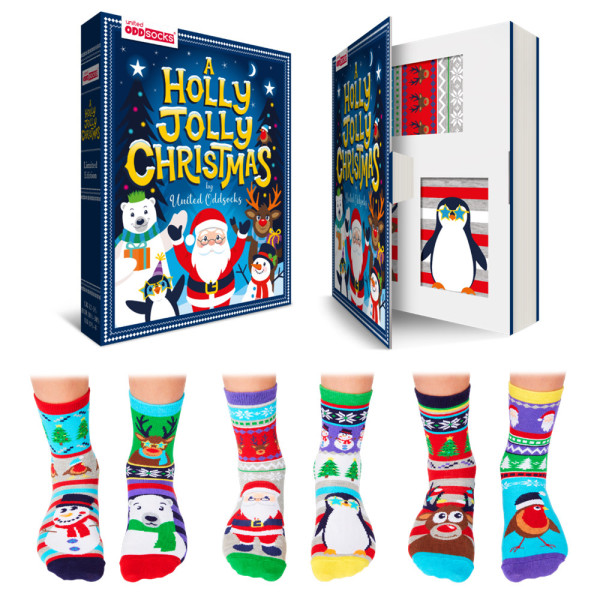 A HOLLY JOLLY CHRISTMAS: die tolle Buch-Geschenkbox mit 6 lustigen Kindersocken mit Weihnachtsmotiv von United Oddsocks
