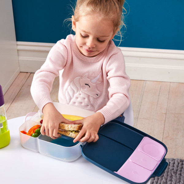 Große b.box Lunchbox mit 4 Fächern und flexiblen Deckel für ganze Früchte. Bentobox indigo rose - 2000 ml.
