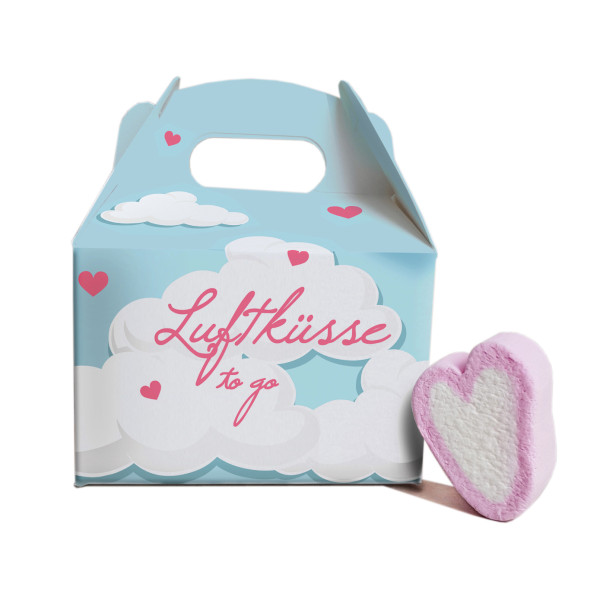 Luftküsse to go von liebeskummerpillen - 20g leckere Herz Marshmallows, nett verpackt in der Geschenkbox.