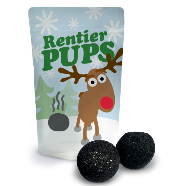 Rentier Pups von liebeskummerpillen: kleine Tüte mit Rentiermotiv, gefüllt mit zwei schwarzen Marshmallows.