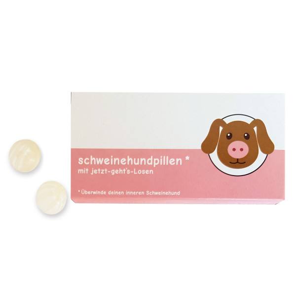 liebeskummerpillen Schweinehundpillen: Erdbeer-Fruchtbonbons mit witzigem Beipackzettel in einer netten Geschenkschachtel.