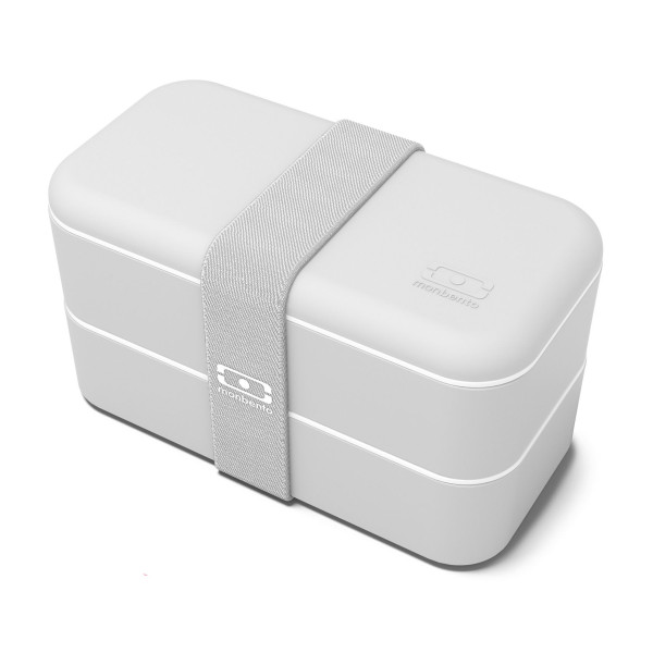 monbento Lunchbox MB ORIGINAL light grau Bento Box, hellgrau, Kunststoff Bento Box mit Gummiband, zweistöckig, frontale Ansicht