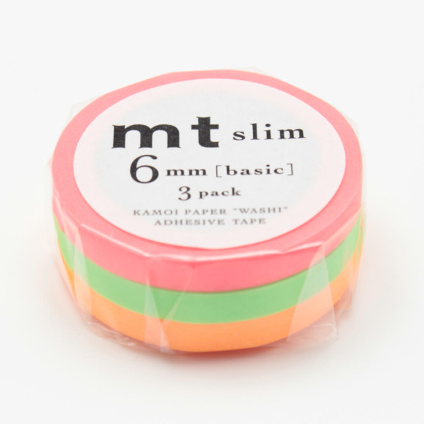 Original mt masking tape SLIM 6 mm / 3 schmale Rollen Washi Tape SHOCKING SLIM Set in neonfarben grün, rot und orange.