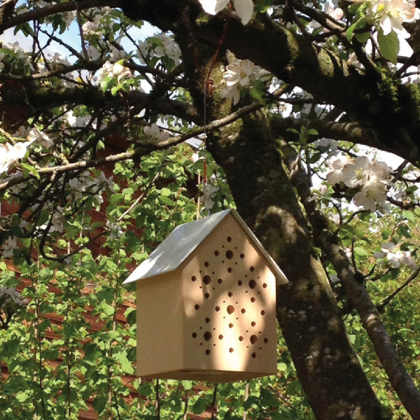 Bienenhaus Bees Inn aus Lärchenholz mit weissem Metalldach von side by side - hängend im Baum.