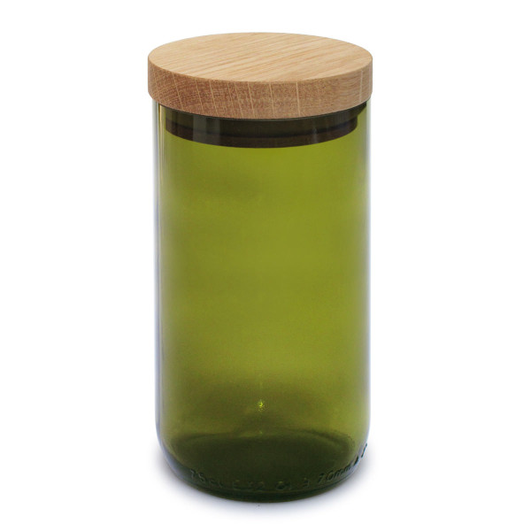 Vorratsglas - Weinflasche - Glas grün - side by side - Design - 450 ml - Holzdeckel aus Eiche - geschlossen