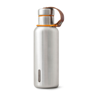 Doppelwandige Thermosflasche aus Edelstahl von black+blum Design. Edelstahlflasche mit Leder und Applikationen in orange.