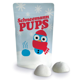 Schneemann Pups von liebeskummerpillen: kleine Tüte mit lustigem Schneemann-Motiv, gefüllt mit zwei weissen Marshmallows.